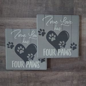 (2) "True Love Has Four Paws" Dog Lovers Coasters Grey Gray Hearts White NEW NIP